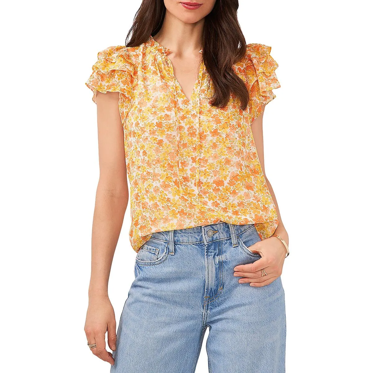 1.State Womens Floral Flutter Sleeve Pullover Top