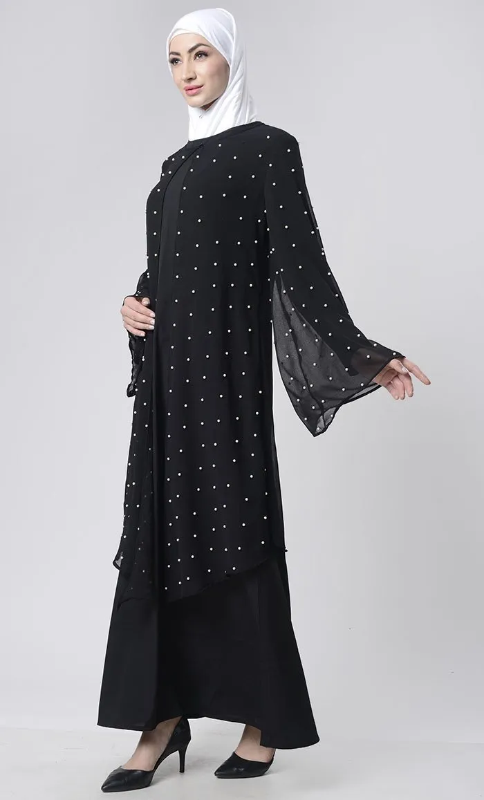2 Layer Black  Pearl Upper Abaya