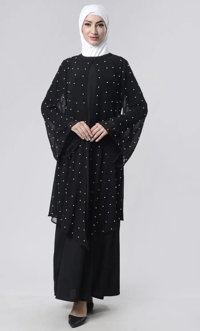 2 Layer Black  Pearl Upper Abaya