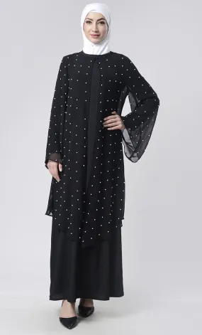 2 Layer Black  Pearl Upper Abaya