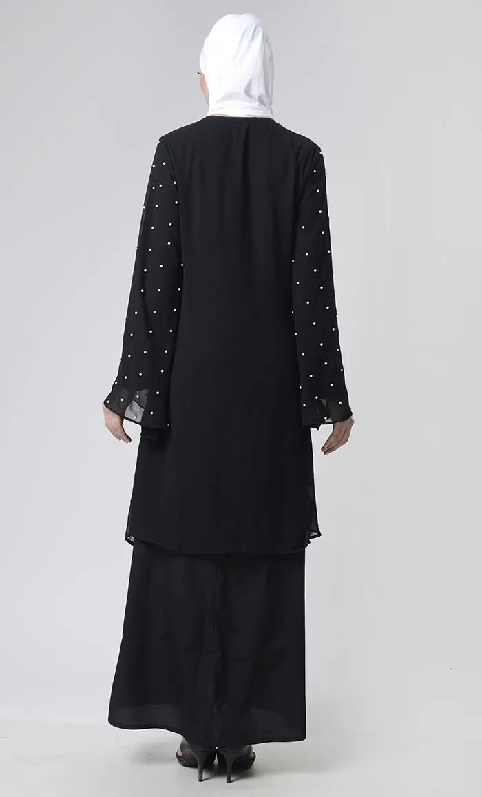 2 Layer Black  Pearl Upper Abaya