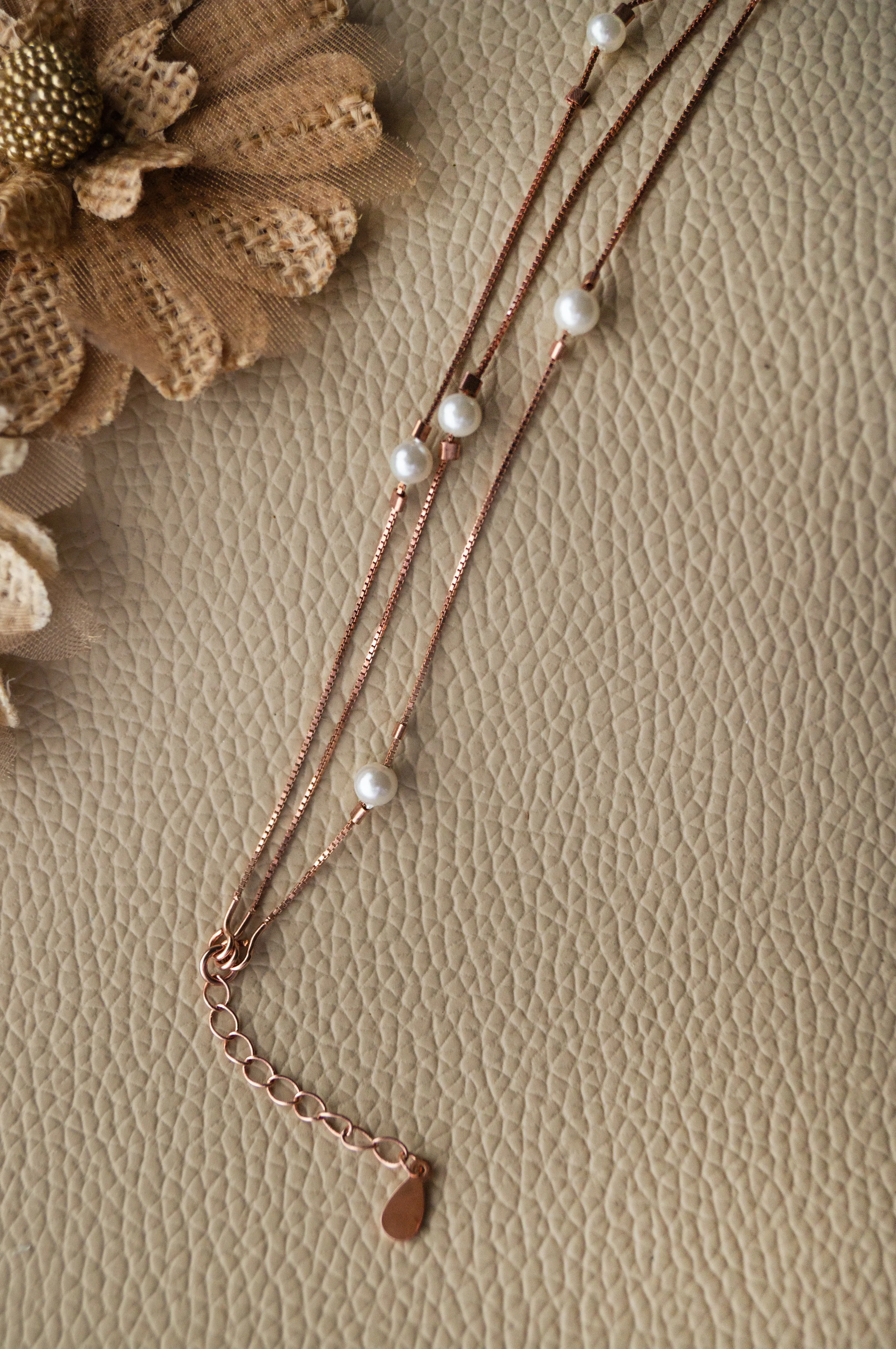 3 Layer Station Pearl Rose Gold Plated Sterling Silver Chain Bracelet