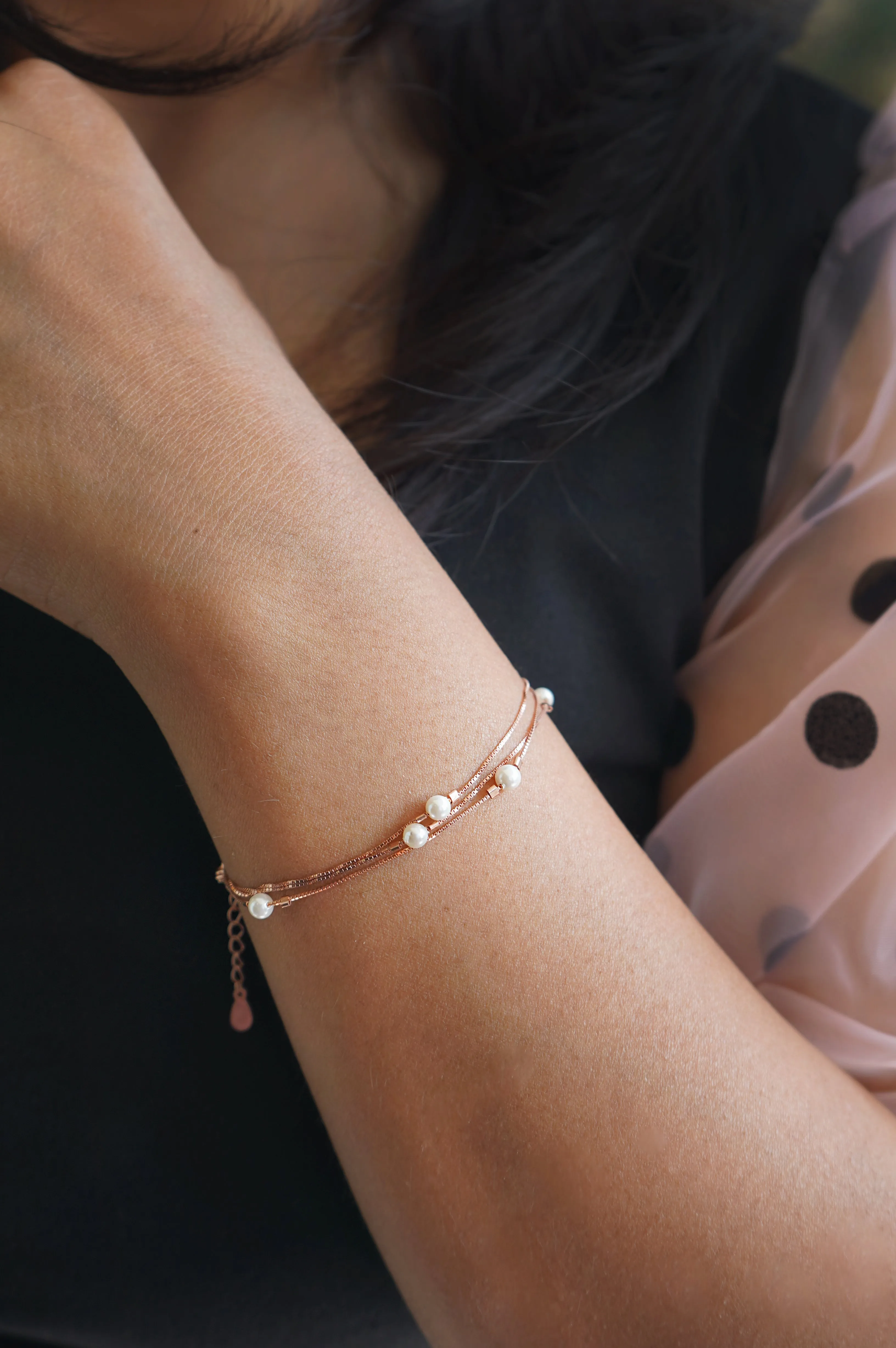 3 Layer Station Pearl Rose Gold Plated Sterling Silver Chain Bracelet