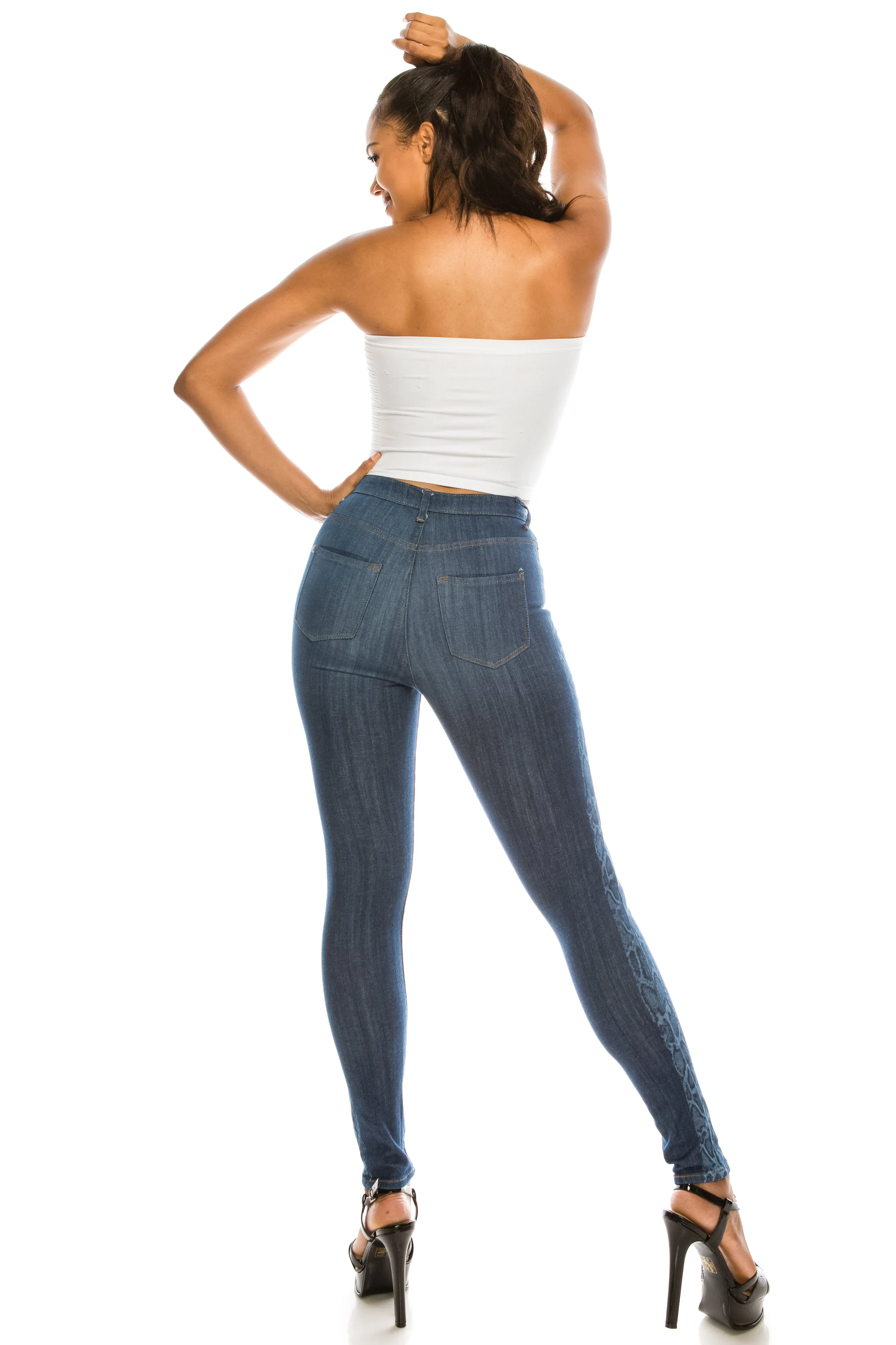 4670 Women's High Waisted Skinny Jeans with Snake Printed Outseam