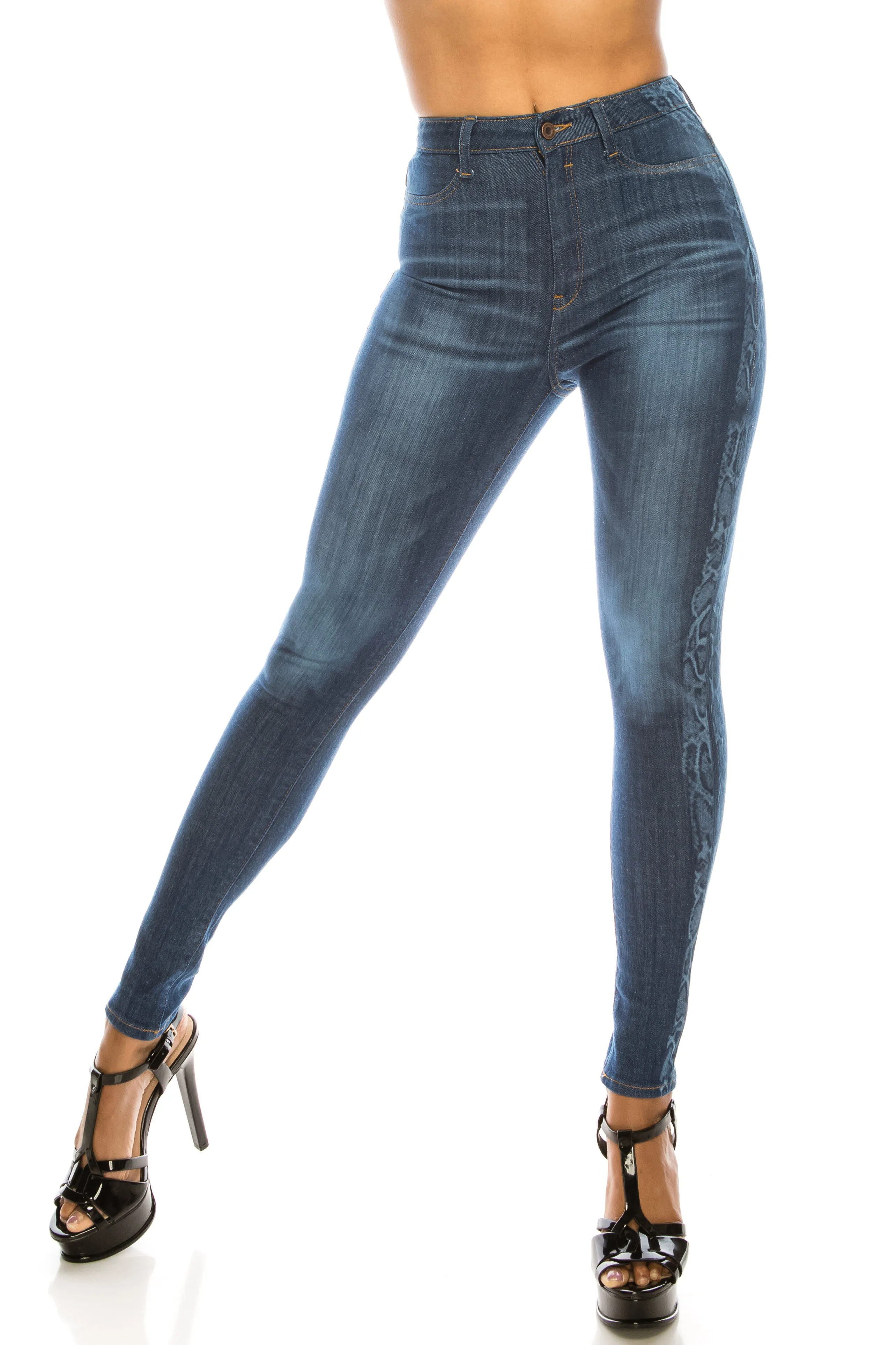 4670 Women's High Waisted Skinny Jeans with Snake Printed Outseam