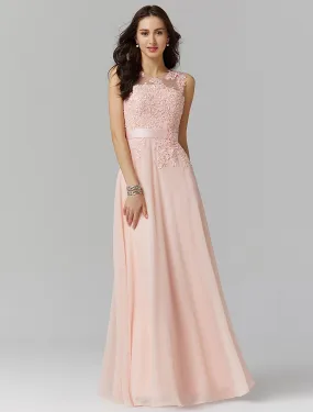 A-Line Evening Gown High Waisted Prom Dress Bridesmaid Wedding Guest Chiffon Floor Length Sleeveless Illusion Neck Georgette with Appliques