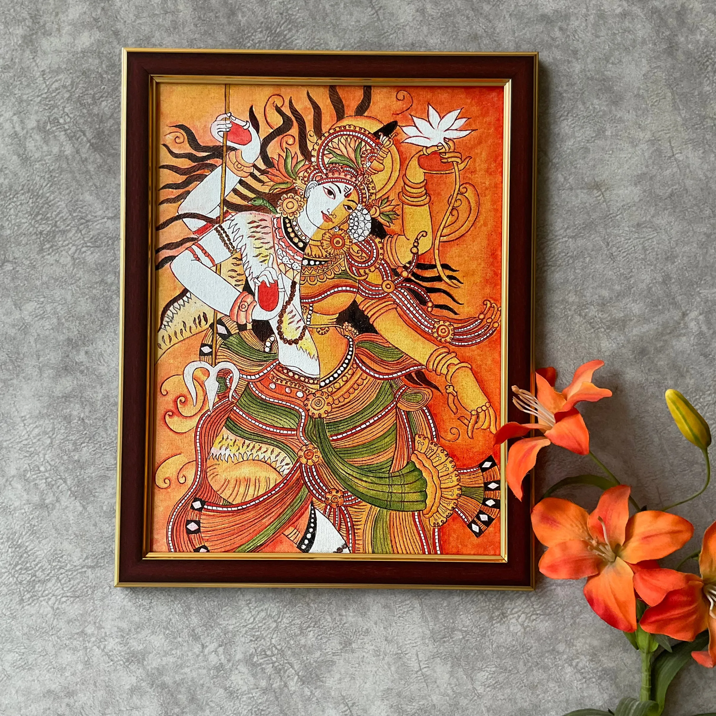 Ardhanarishvara Kerala Mural - Shiva Parvathi Handpainted Wall Decor