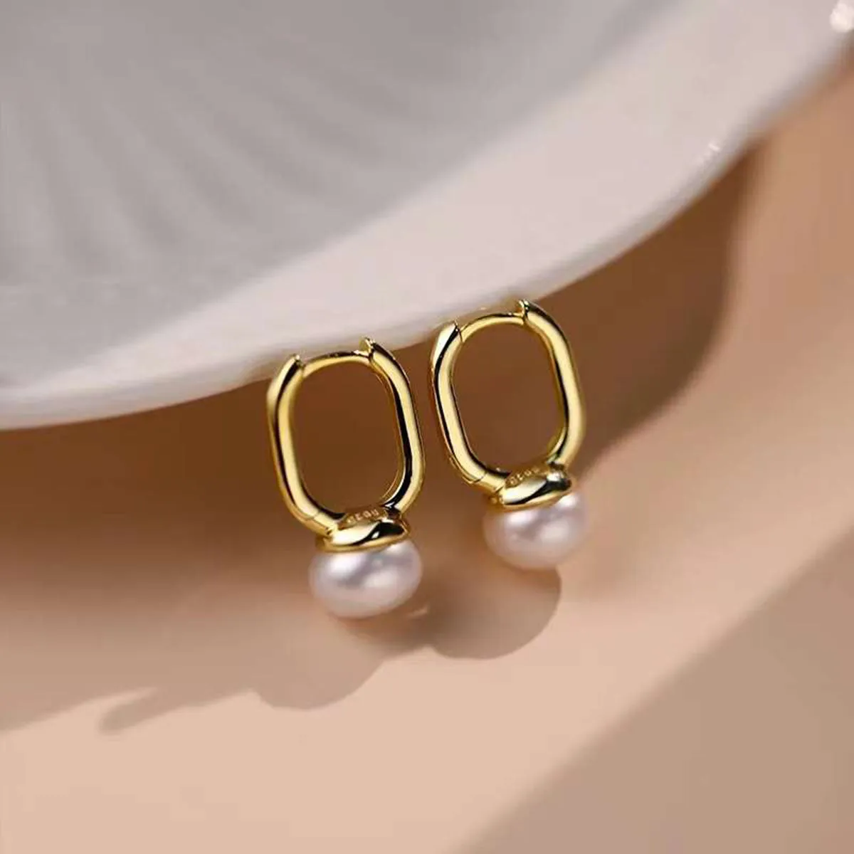 Ball Pearl White 18K Gold Anti Tarnish Hoop Drop Earring Pair For Women