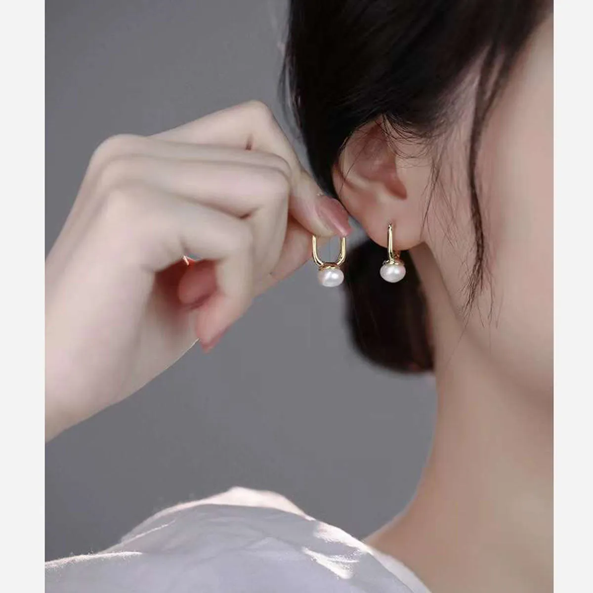 Ball Pearl White 18K Gold Anti Tarnish Hoop Drop Earring Pair For Women