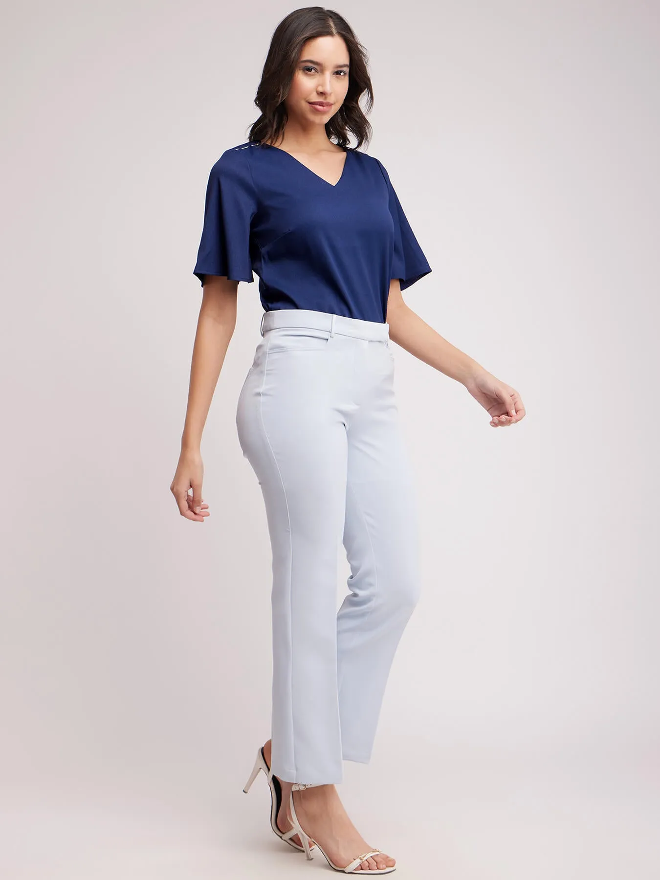 Bell Sleeves V Neck Top - Navy Blue