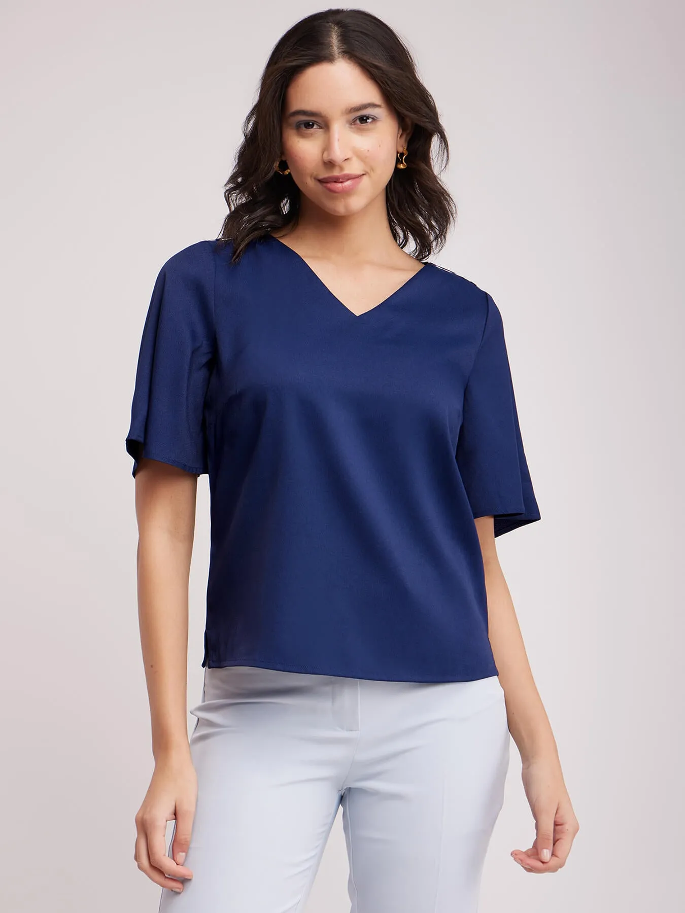 Bell Sleeves V Neck Top - Navy Blue