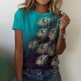 BerryBetty - Casual Feather Print T-Shirt