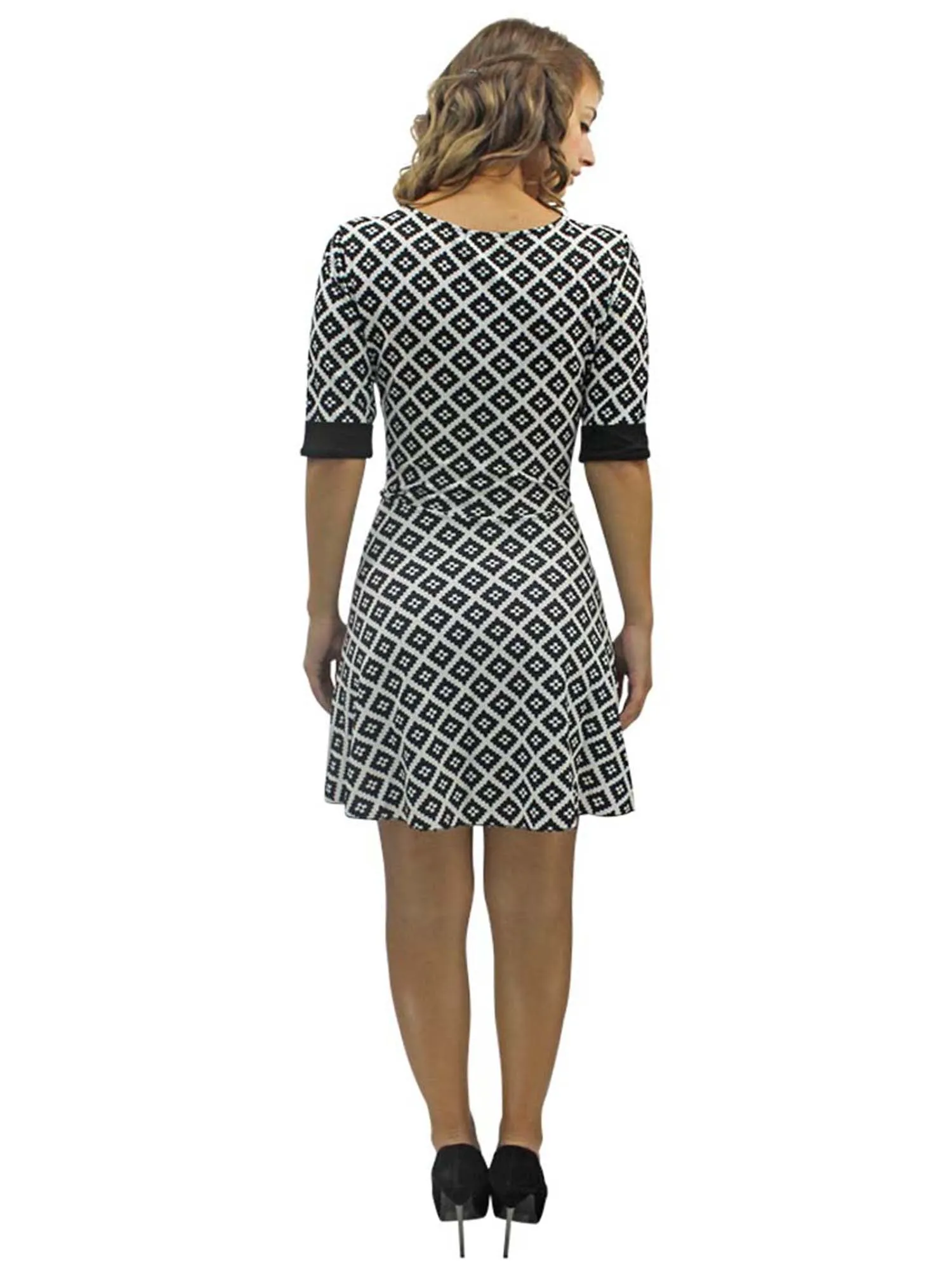 Black & White Diamond Print Skater Dress With Sleeves