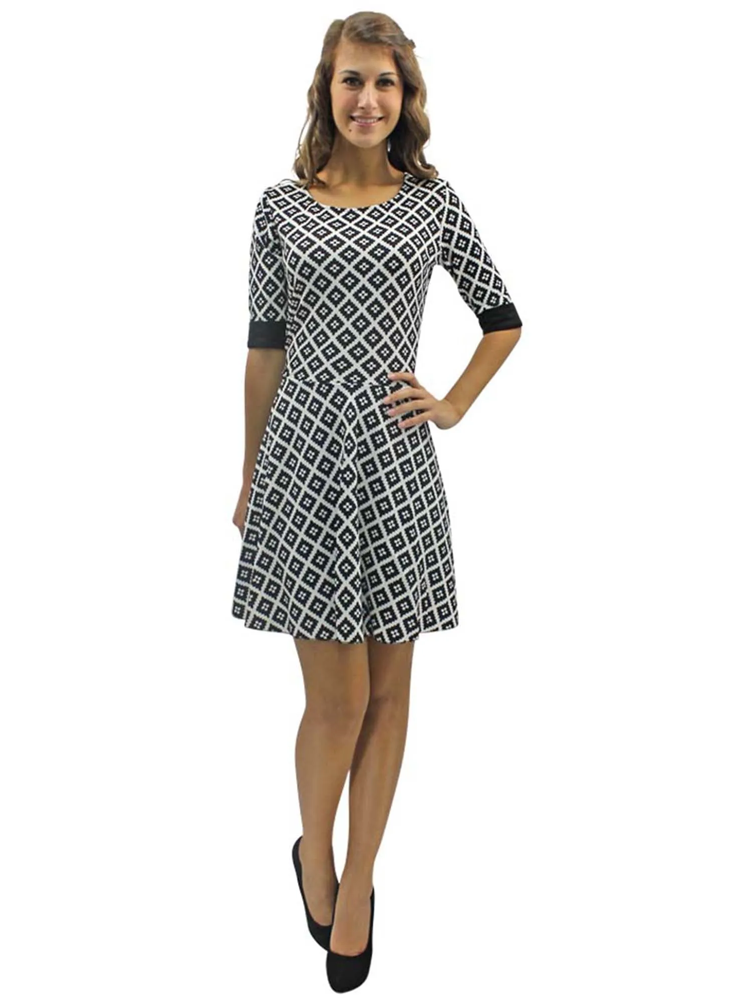 Black & White Diamond Print Skater Dress With Sleeves
