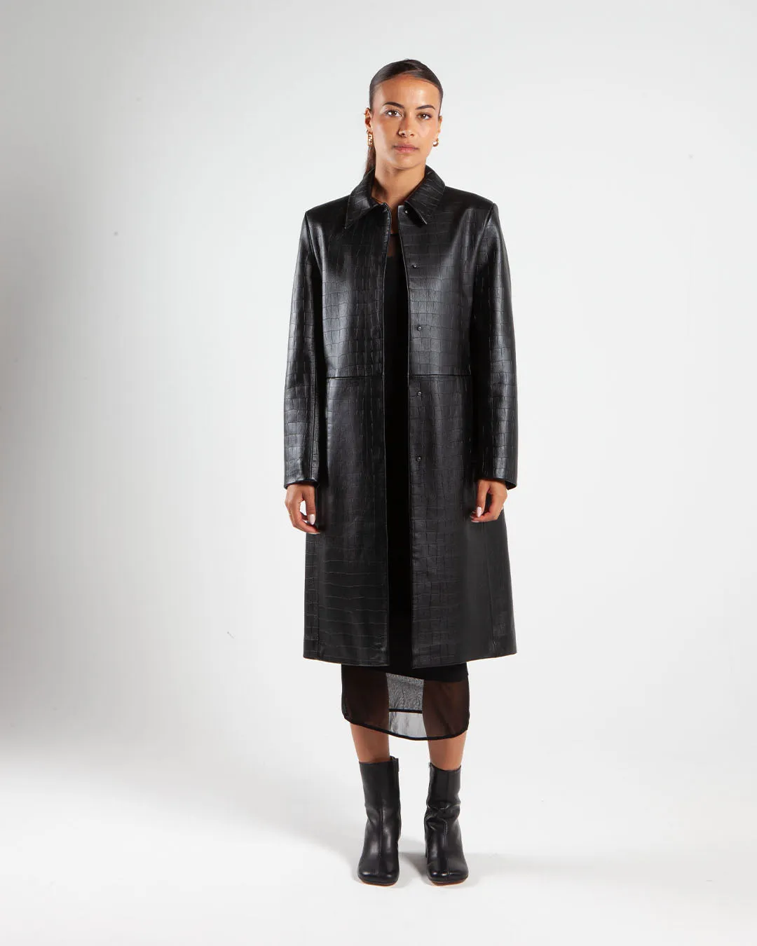 Calvin Klein Oversized Textured Leather Coat Black