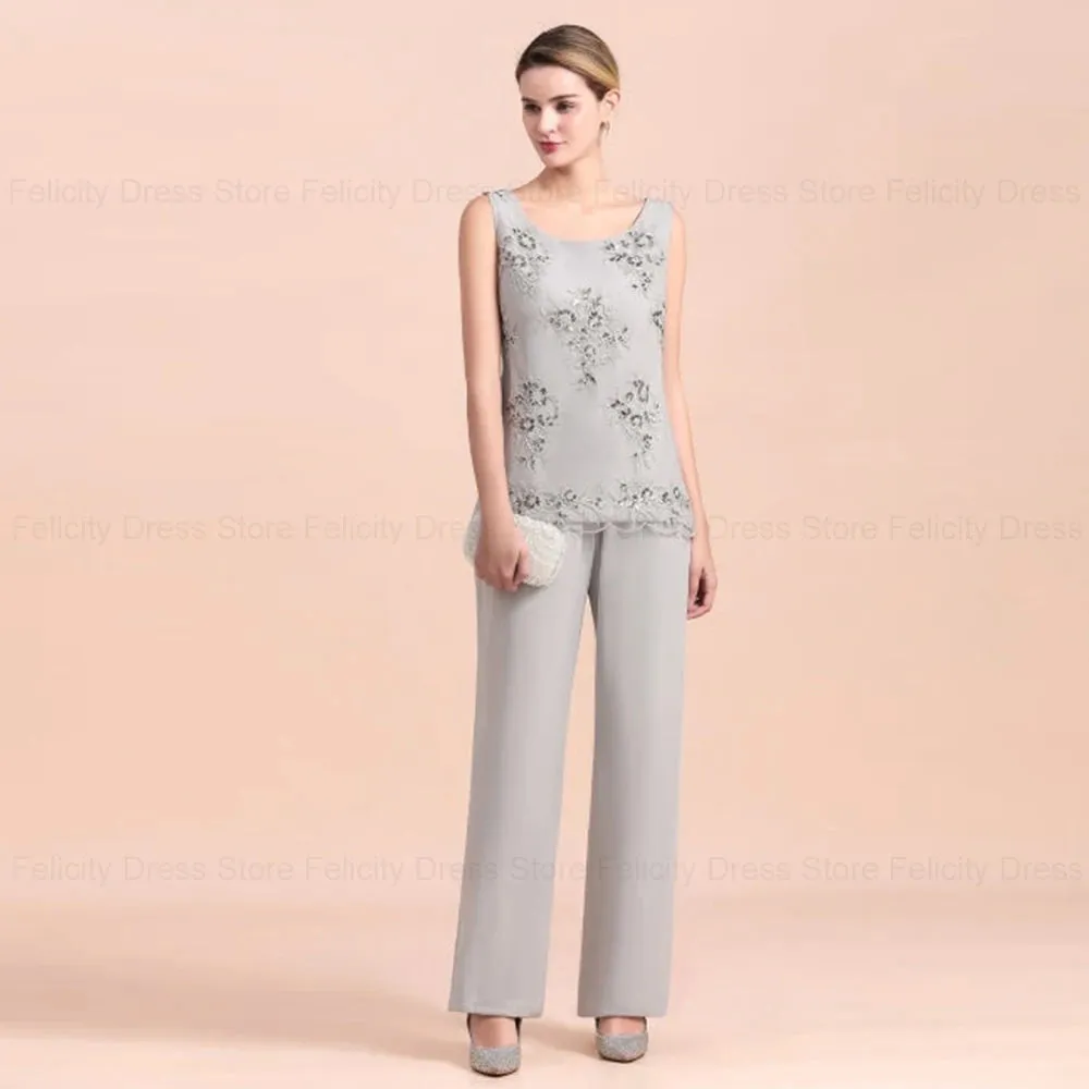 Chiffon Jumpsuit Mother of the Bride Dress - Elegant Wedding Guest Pantsuit with Applique, Long Party Evening Gown