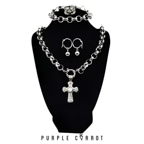 Cross Roly Poly Necklace   bracelet & Stone Cross pendant , earring and ring combo