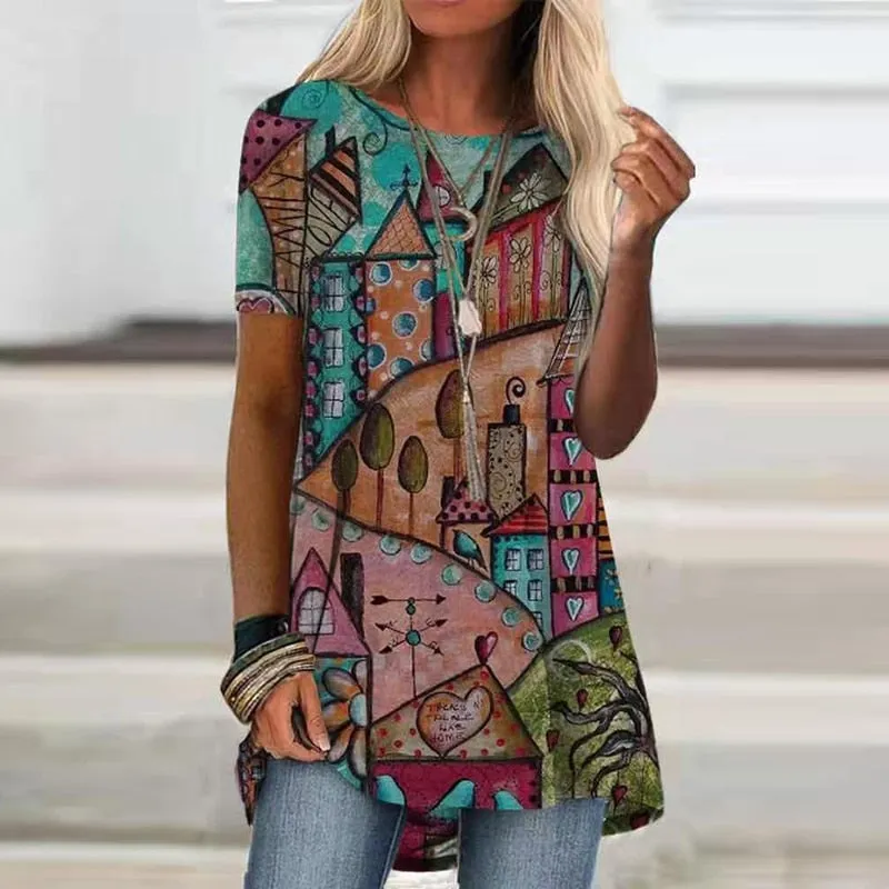 DressBetty - Digital Printed Women Blouse Short Sleeve Loose Shirt Casual Lady Pullover Shirt