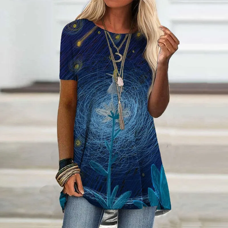 DressBetty - Digital Printed Women Blouse Short Sleeve Loose Shirt Casual Lady Pullover Shirt