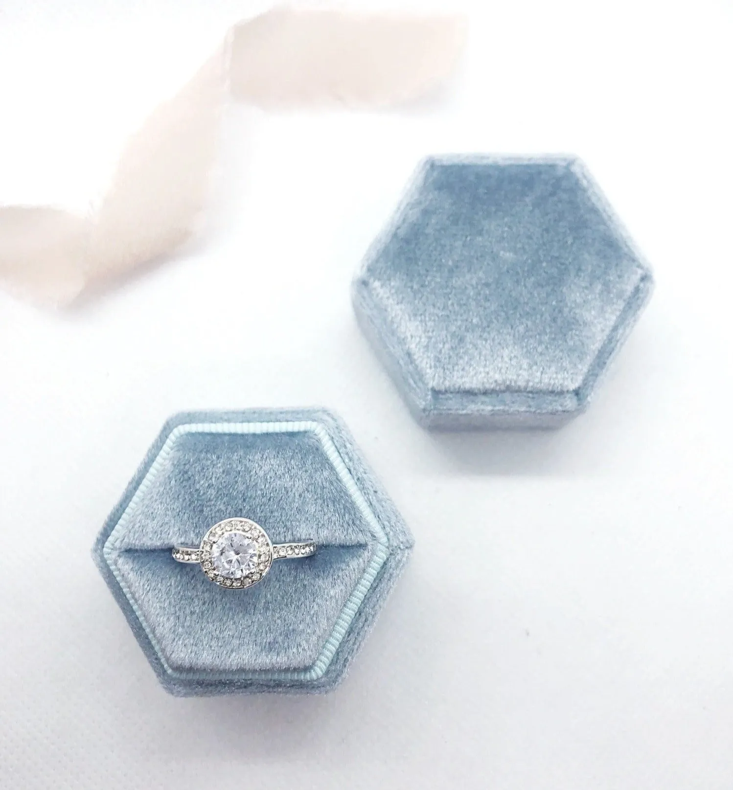 Dusty Blue Velvet Hexagon Ring Box