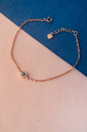 Evil Eye Round Hand-Painted Delicate Rose Gold Plated Sterling Silver Chain Bracelet