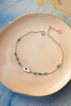 Evil Eye Turquoise Beads Accented Rose Gold Plated Sterling Silver Chain Bracelet