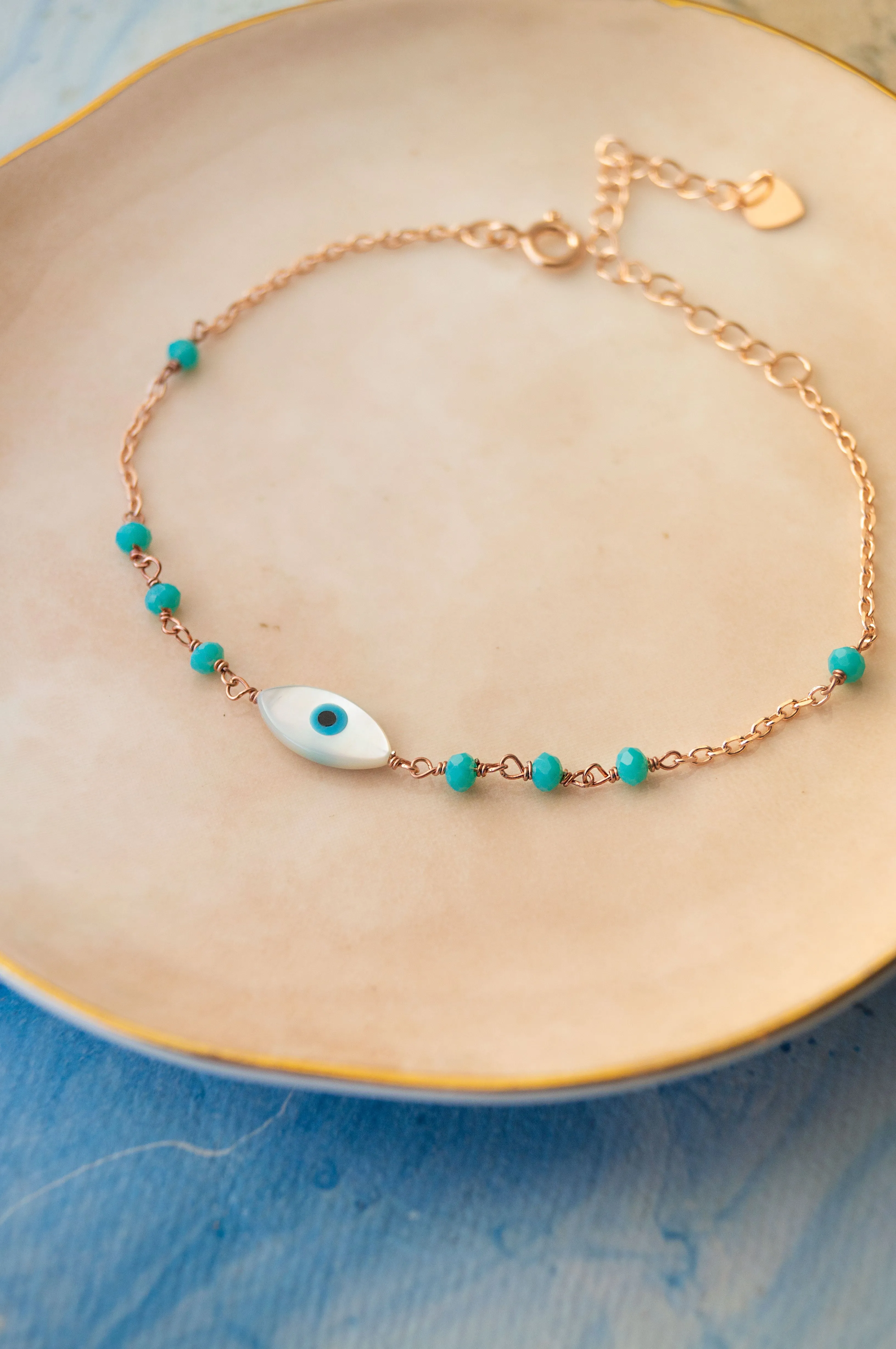 Evil Eye Turquoise Beads Accented Rose Gold Plated Sterling Silver Chain Bracelet