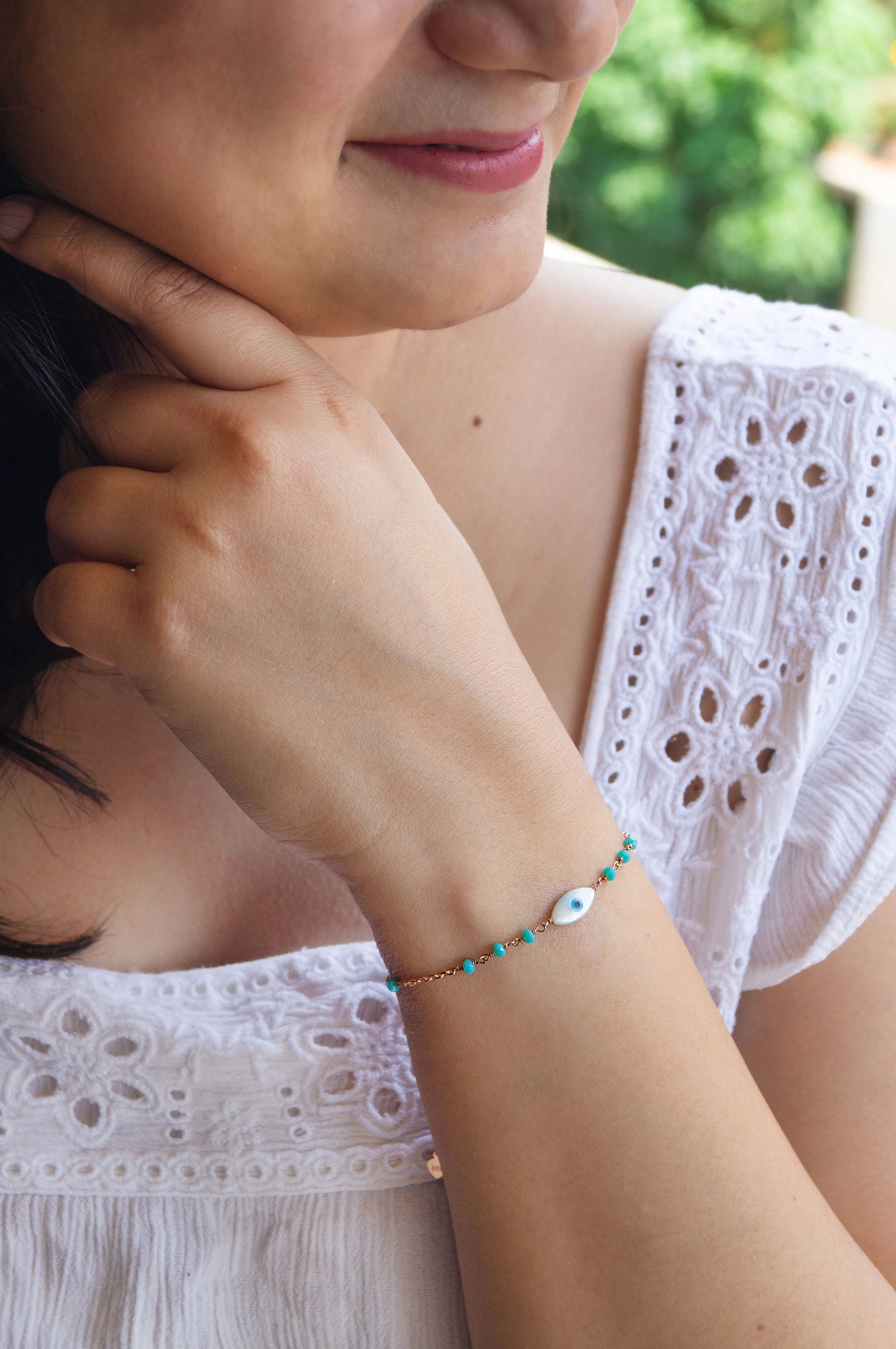 Evil Eye Turquoise Beads Accented Rose Gold Plated Sterling Silver Chain Bracelet