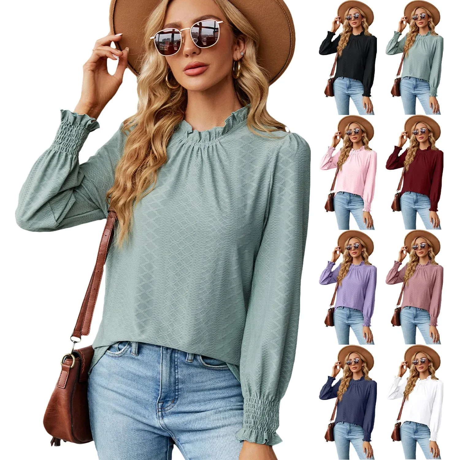 Fashion Woman Blouse Shirts for Women Spring Autumn Stylish Long Sleeve Shirring Top White Purple Green Women's Elegant Clothing