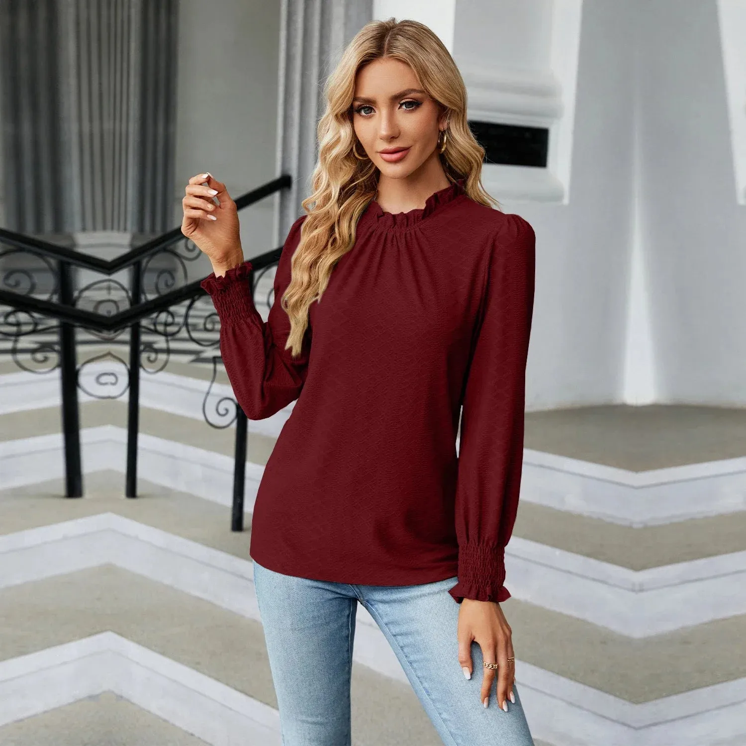 Fashion Woman Blouse Shirts for Women Spring Autumn Stylish Long Sleeve Shirring Top White Purple Green Women's Elegant Clothing
