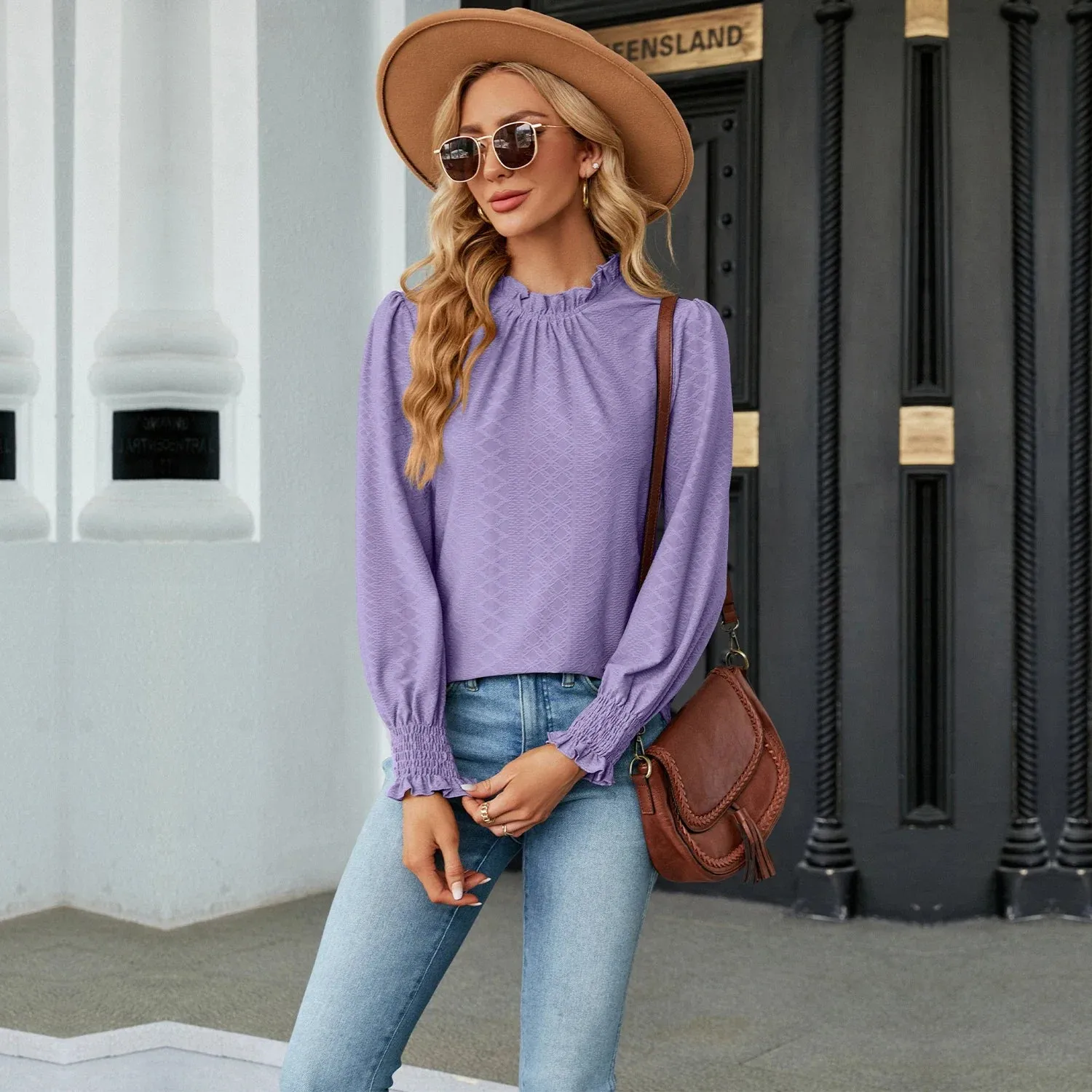 Fashion Woman Blouse Shirts for Women Spring Autumn Stylish Long Sleeve Shirring Top White Purple Green Women's Elegant Clothing