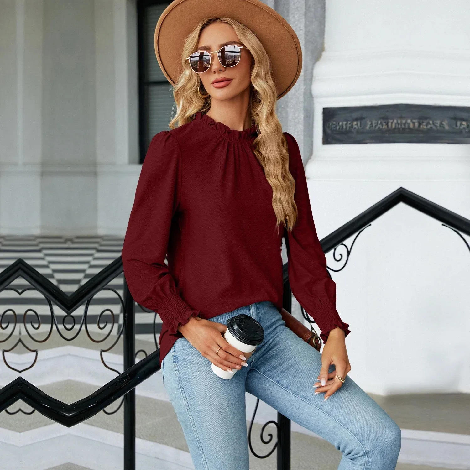 Fashion Woman Blouse Shirts for Women Spring Autumn Stylish Long Sleeve Shirring Top White Purple Green Women's Elegant Clothing
