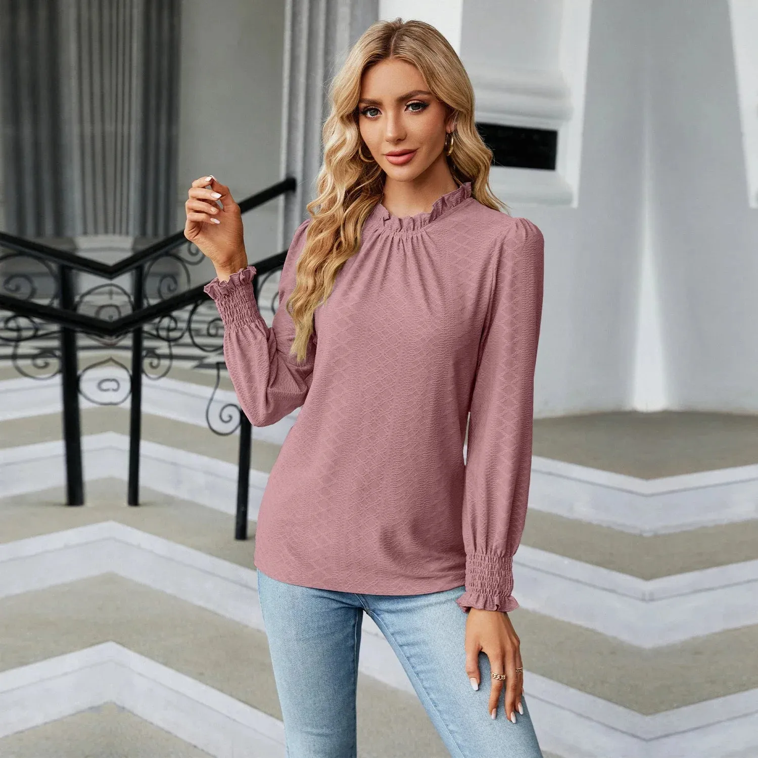 Fashion Woman Blouse Shirts for Women Spring Autumn Stylish Long Sleeve Shirring Top White Purple Green Women's Elegant Clothing