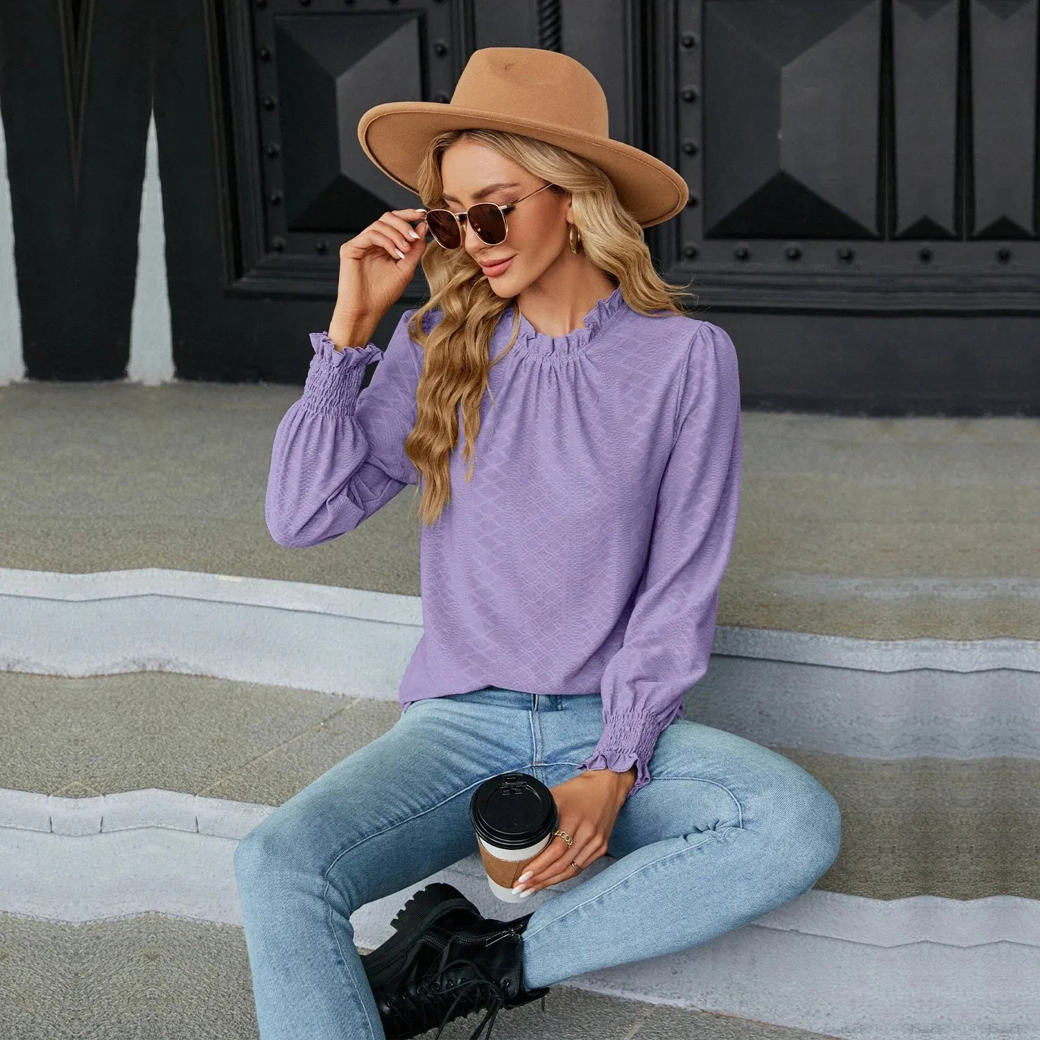 Fashion Woman Blouse Shirts for Women Spring Autumn Stylish Long Sleeve Shirring Top White Purple Green Women's Elegant Clothing