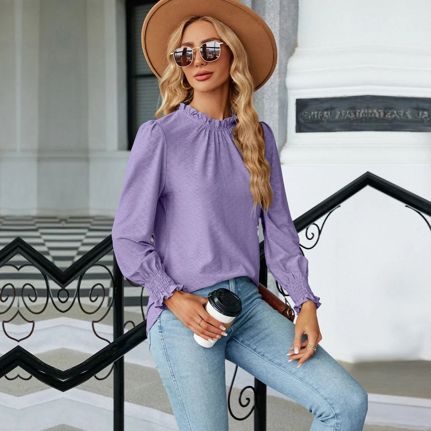 Fashion Woman Blouse Shirts for Women Spring Autumn Stylish Long Sleeve Shirring Top White Purple Green Women's Elegant Clothing