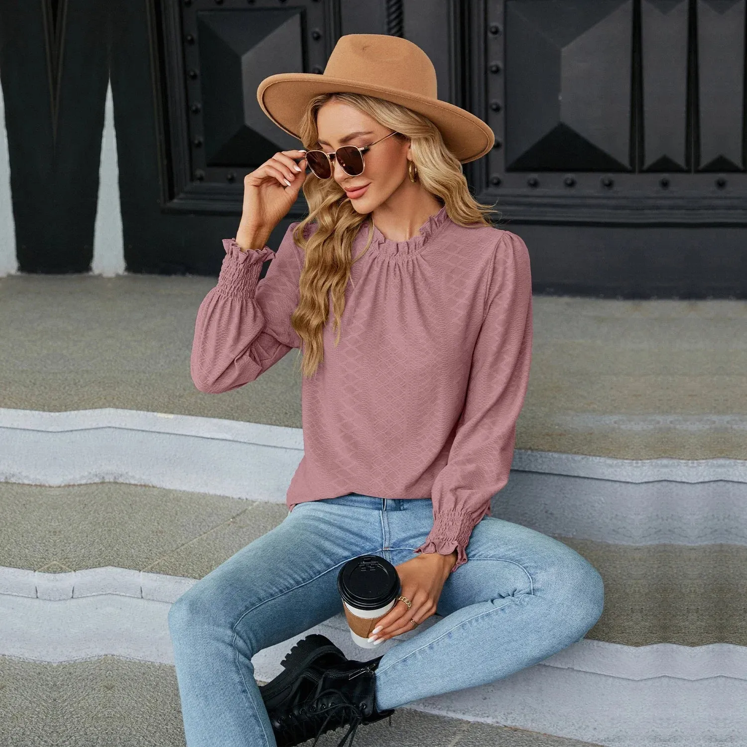 Fashion Woman Blouse Shirts for Women Spring Autumn Stylish Long Sleeve Shirring Top White Purple Green Women's Elegant Clothing