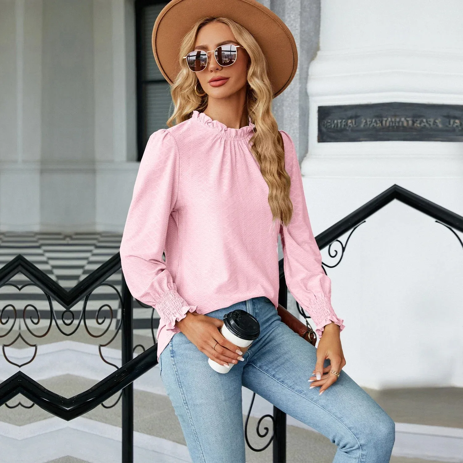 Fashion Woman Blouse Shirts for Women Spring Autumn Stylish Long Sleeve Shirring Top White Purple Green Women's Elegant Clothing