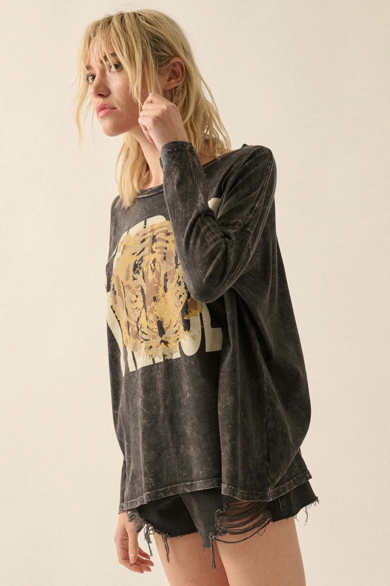 Fierce Tiger Vintage-Wash Long-Sleeve Graphic Tee