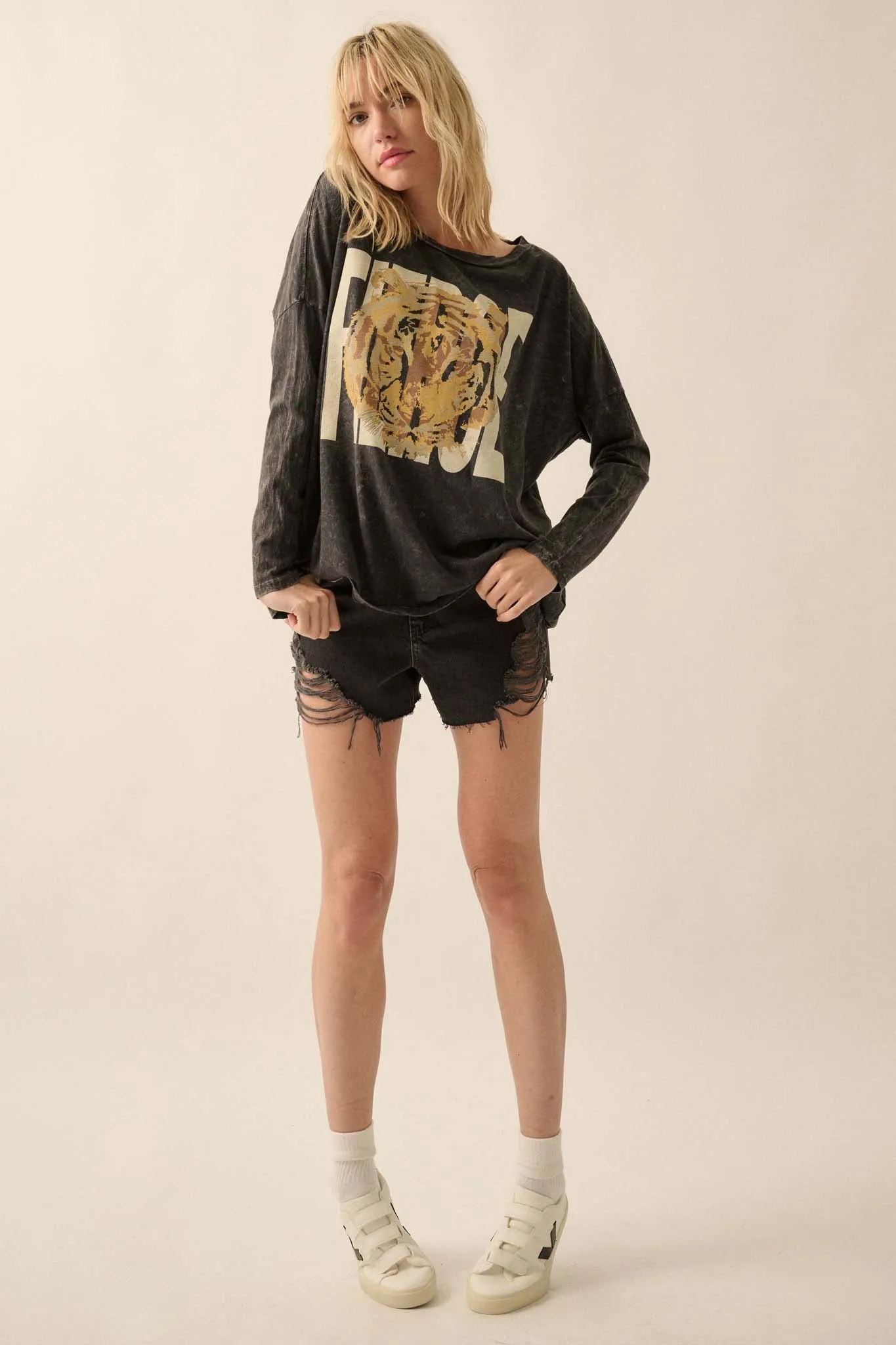 Fierce Tiger Vintage-Wash Long-Sleeve Graphic Tee