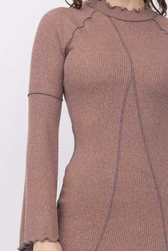Fitted Peasant Sleeve Dress-Mocha Color