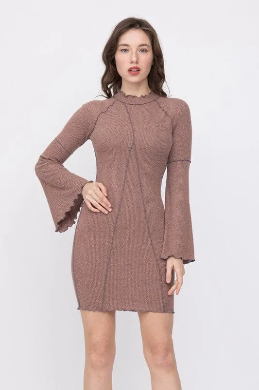 Fitted Peasant Sleeve Dress-Mocha Color