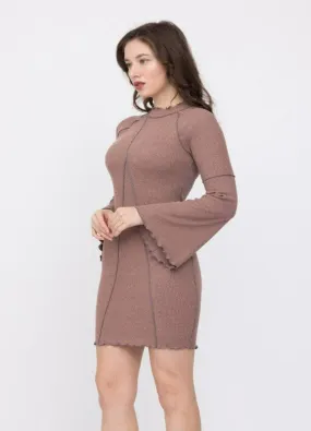 Fitted Peasant Sleeve Dress-Mocha Color