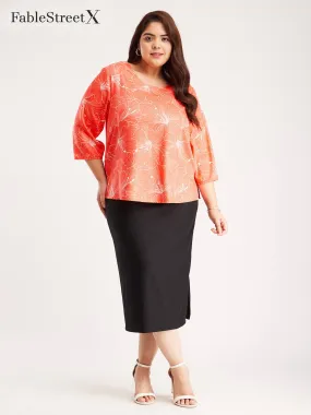 Floral Print Round Neck Top - Coral And Off White