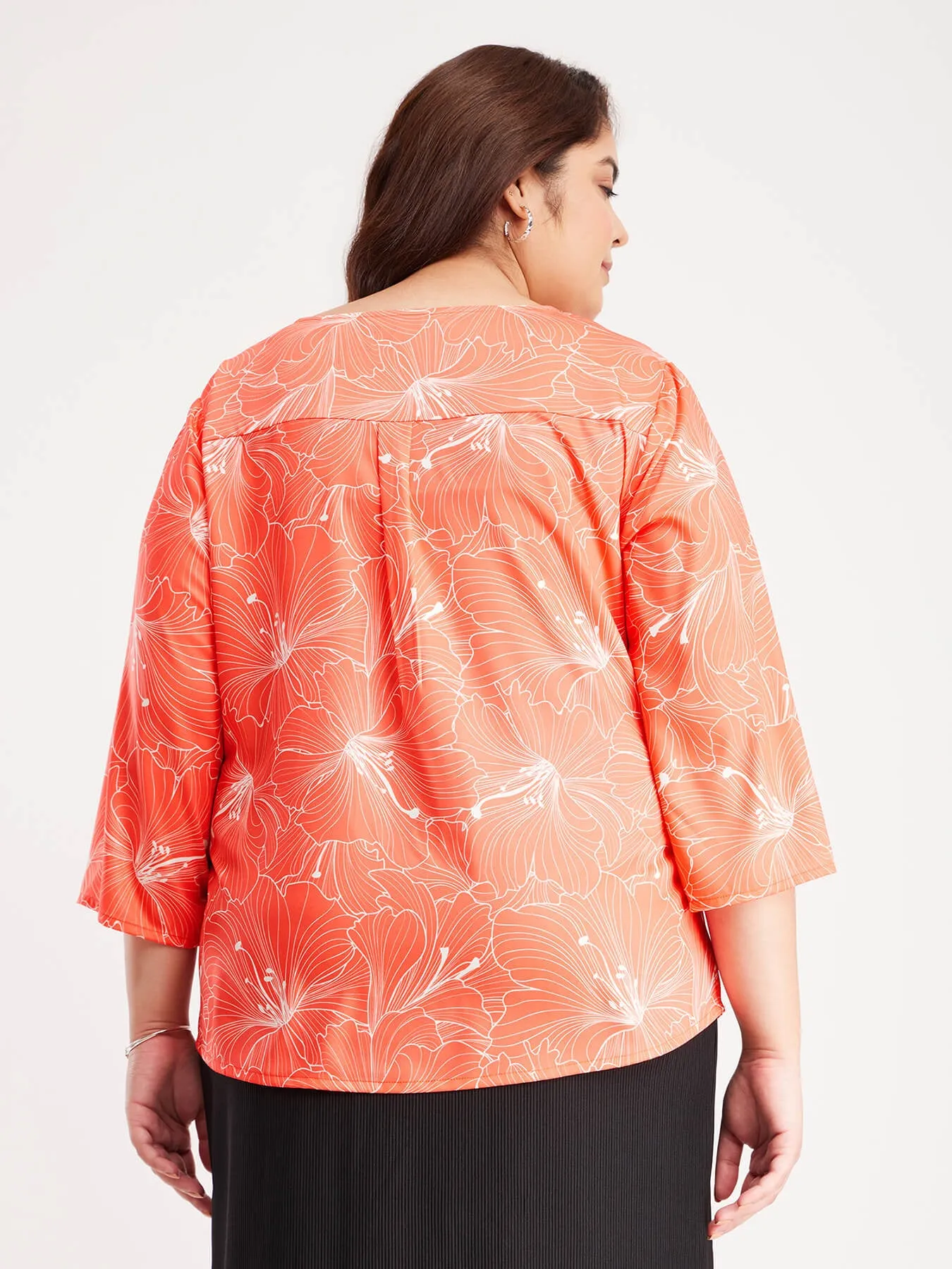 Floral Print Round Neck Top - Coral And Off White