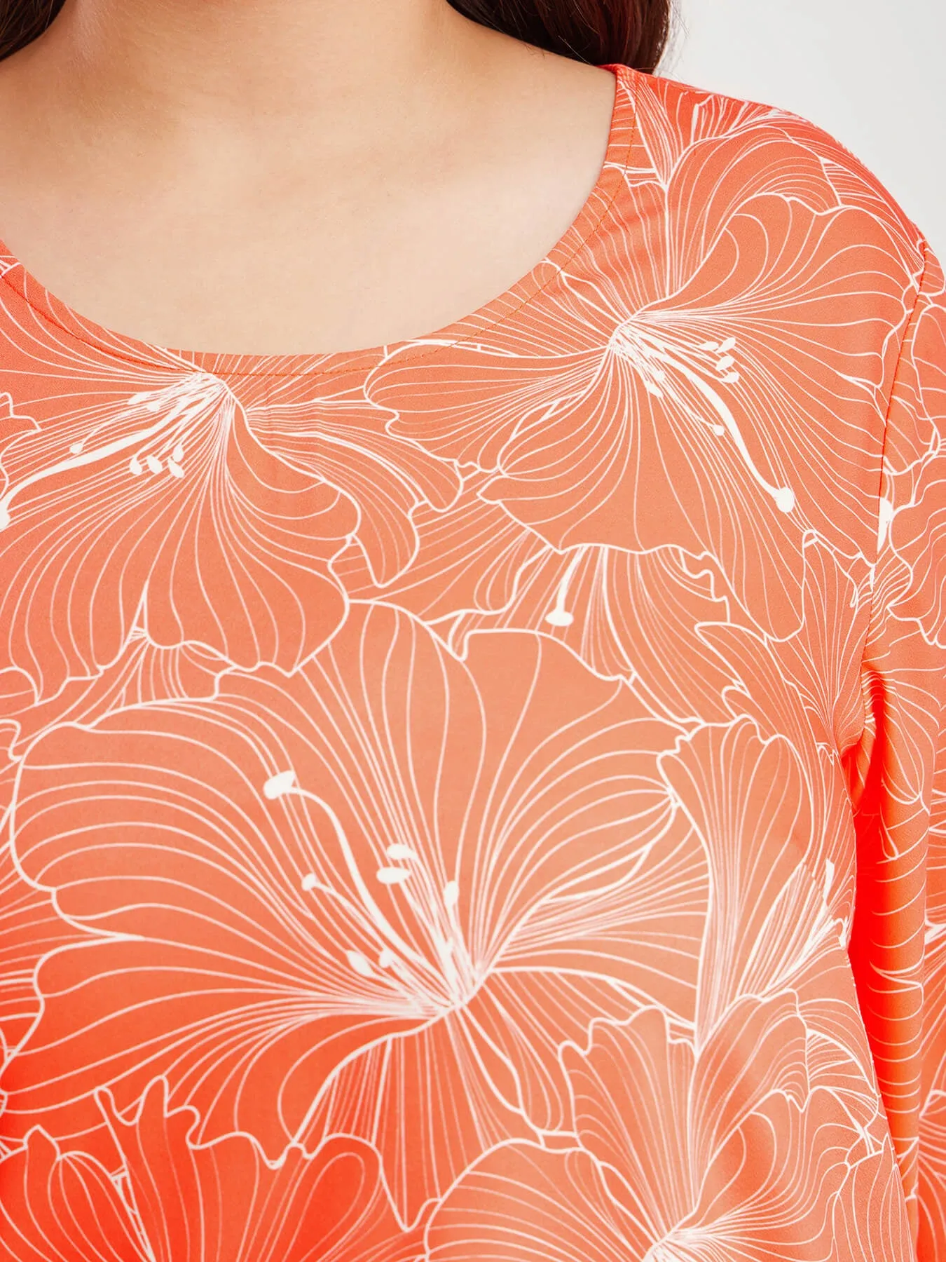 Floral Print Round Neck Top - Coral And Off White