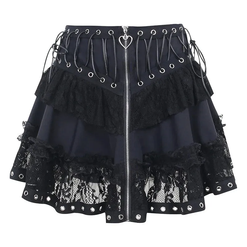 Gothic Vintage High Waist Zipper Front Japanese Kawaii Black Cosplay Skirt