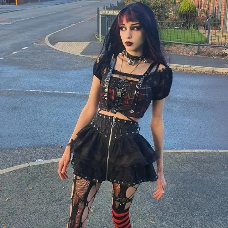 Gothic Vintage High Waist Zipper Front Japanese Kawaii Black Cosplay Skirt