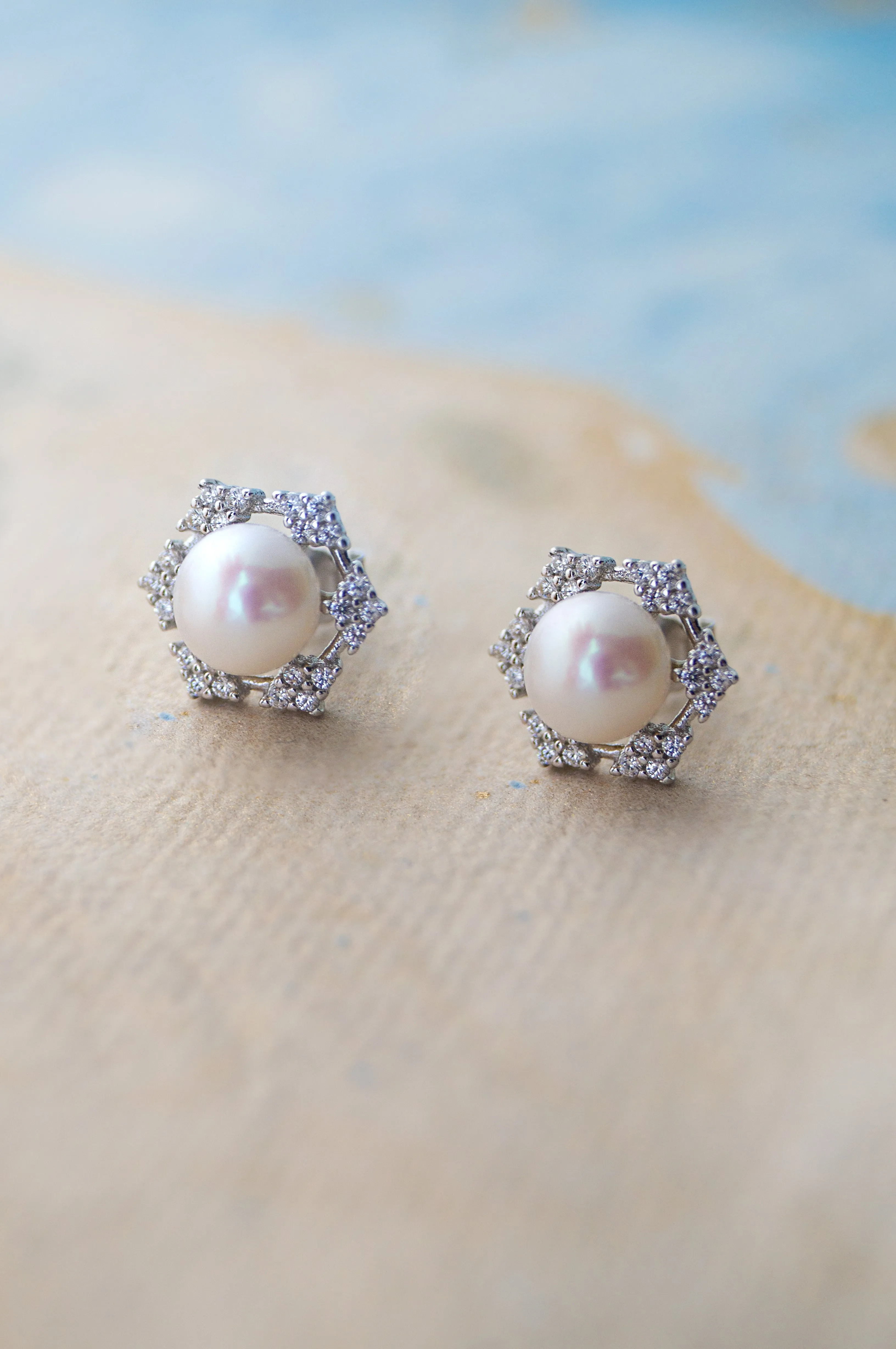Grandeur Geometric Pearl Statement Sterling Silver Stud Earrings