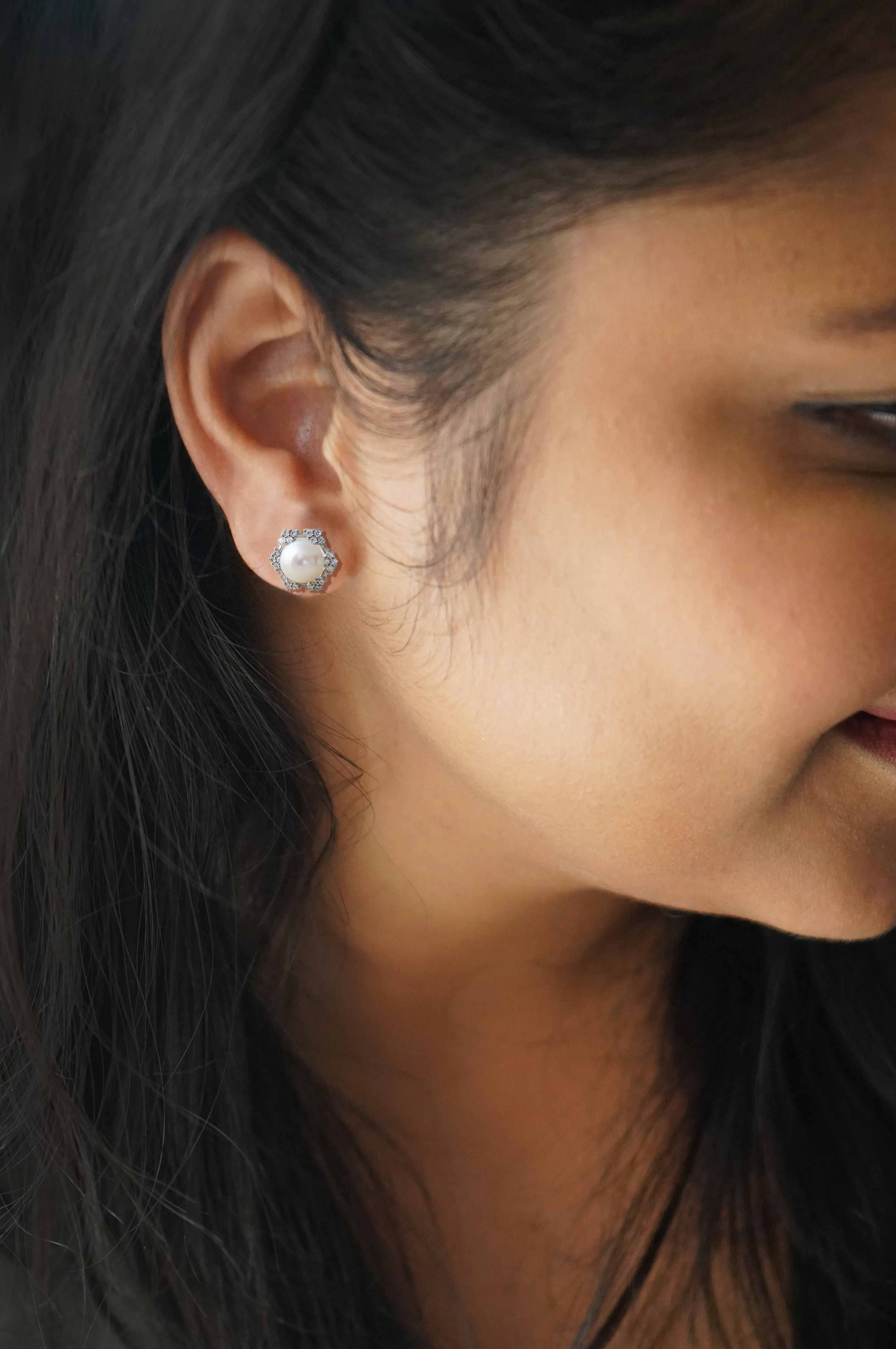 Grandeur Geometric Pearl Statement Sterling Silver Stud Earrings