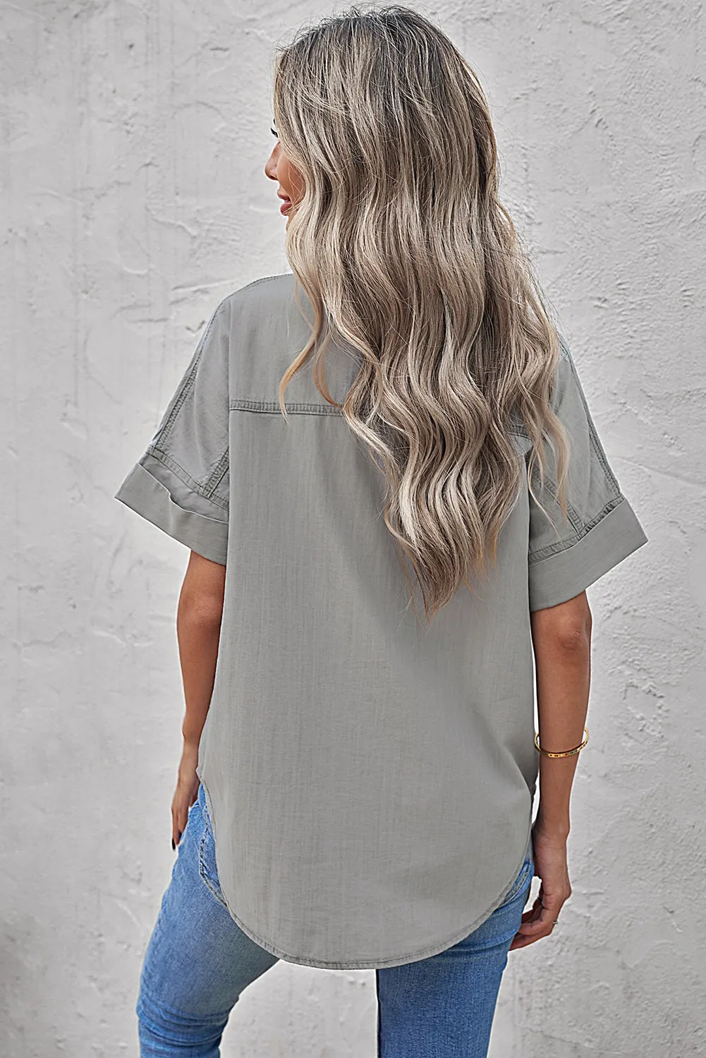 Green Turn-down Collar Short Sleeve Denim Shirt